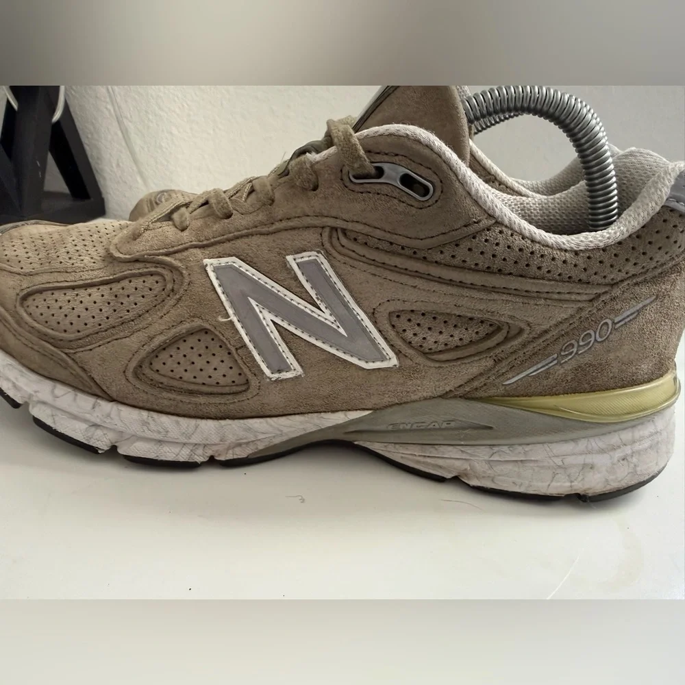 New Balance 990 v4 Olive Sneakers with White Accents - Picture 5 of 8